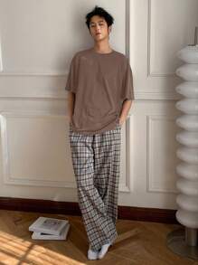 DAZY Men's Summer Solid Color Short Sleeve T-Shirt And Retro Plaid Shorts 2 Pieces Home Wear Set Pajama - Brown - View 3