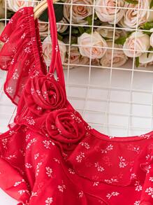 SHEIN LUNE 加大码浪漫碎花印花雪纺不对称荷叶边下摆细肩带夏季束腰吊带背心 - 紅色 - 查看 5