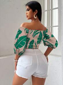 SOLERSUN Bluzka z bufiastymi rękawami i nadrukiem kwiatowym, skrócona, na noworoczne ubrania