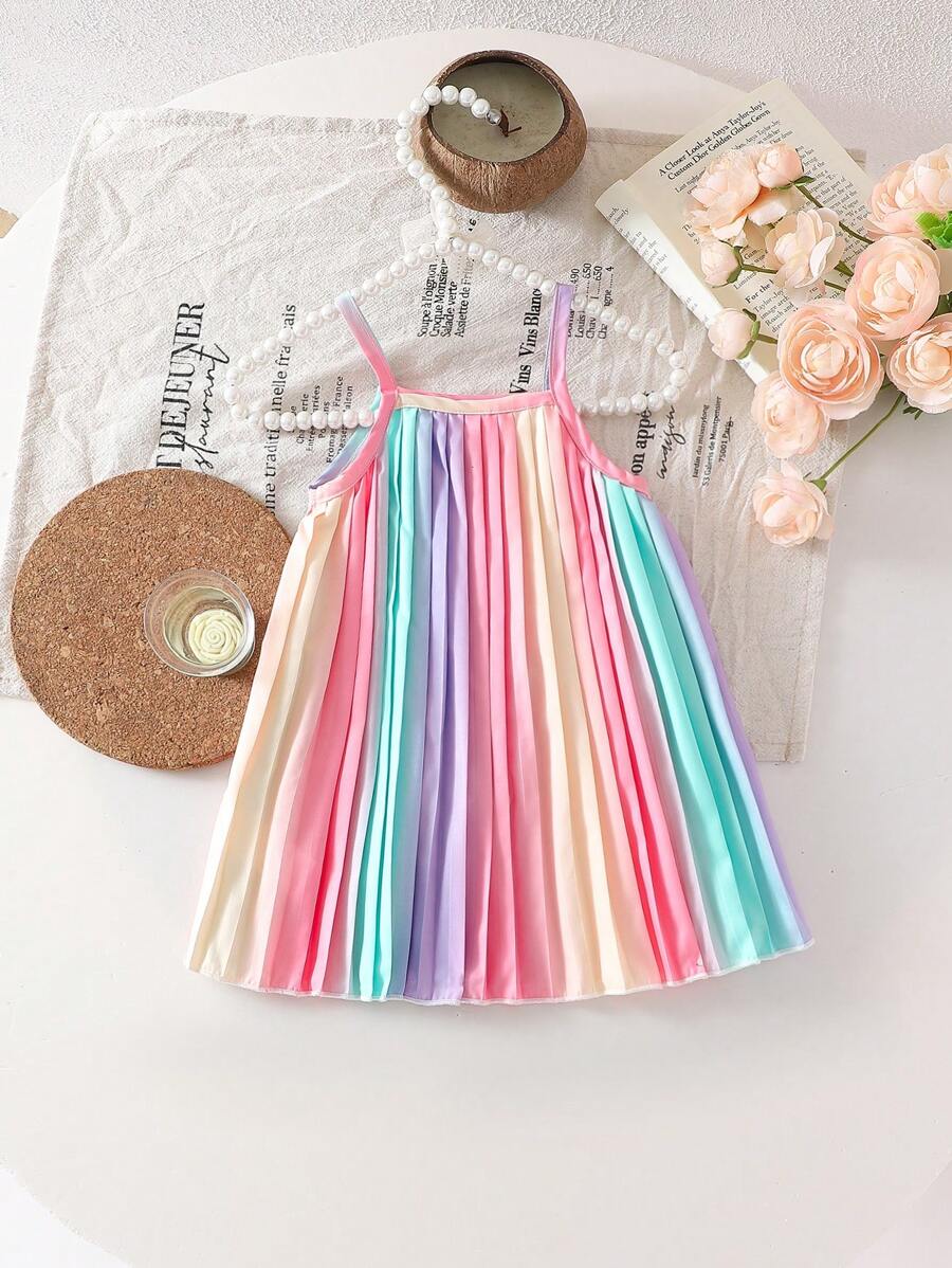 Infant Baby Girl Summer Slip-On Pleated Gradient Dress, Fashionable & Adorable, Korean Style - Multicolor - View 1