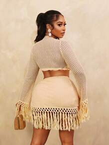 BamGleam Spring And Summer New Fashion Women's Yellow Braided Fabric Short Jacket Fringe Set, Suitable For Beach Vacation Fall Cloth For Women - Yellow - View 2