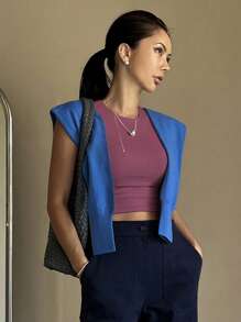 DAZY Camiseta de mujer de cuello redondo de manga corta, acortada y entallada para el verano - Rosa Fucsia - Ver 3