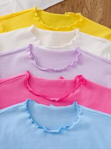 SHEIN Leap Crew 5pcs Young Girl Knit Solid Color Ruffle Collar Fitted T-Shirt Set - Multicolor - View 5