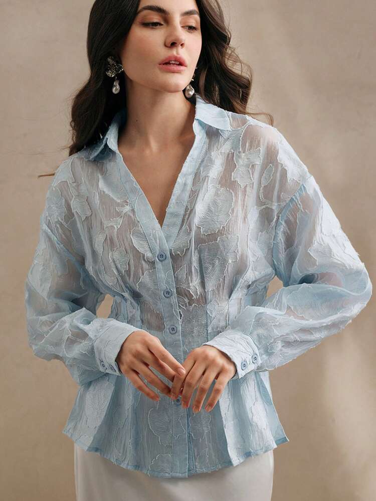 Elegant Jacquard Cut-Out Gathered Waist Lantern Sleeve Women's Blouse Top, Spring, Summer, Festival, Going Out, Vacation