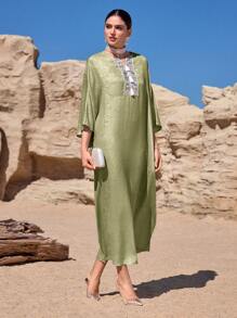 Al Najma Bohemian Fringe Embroidered Loose Women Tunic & Arabian Traditional Maxi Dress Kaftan Jalabiya Dress - Green - View 8
