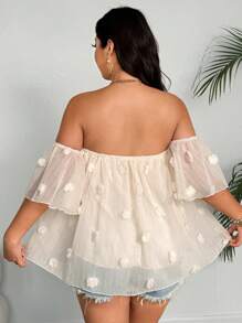 Flirla Camisa informal de gasa blanca con hombros descubiertos y decorado con pompones, adecuada para uso diario en primavera/verano, tallas grandes - Blanco - Ver 2