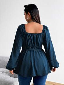 Vibekara 大码抽绳和松紧腰部正面纽扣长袖衬衫荷叶边上衣 - 藏蓝色 - 查看 2