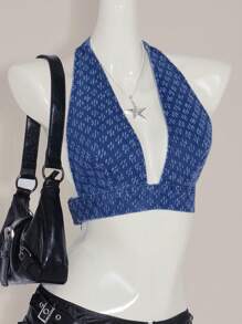 SHEIN ICON Y2K 夏季外出复古女式性感低胸短款牛仔背心 V 领蓝色挂脖 V 领性感度假西装女式短款牛仔背心时尚性感 - 中等水洗藍 - 查看 4