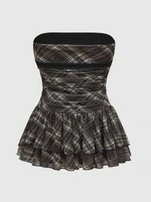 ROMWE J-Fashion 大码女式复古格子印花 A 字形连衣裙 - 棕色 - 查看 2