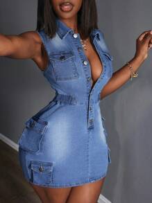 Slaydiva 女士单排扣无袖紧身 Y2K 牛仔迷你连衣裙 - 藍色 - 查看 2