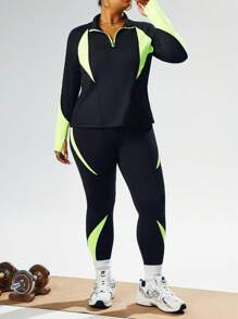 Rhythm Era Conjunto de 2 piezas talla grande: Sudadera de manga larga con agujero para el pulgar, Leggings ajustados de cintura alta, Diseño de parches neón Conjunto de ropa deportiva para mujeres