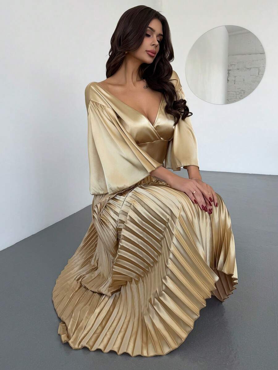 Firerie 优雅浪漫 V 领荷叶边袖口收腰金色褶皱长礼服，情人节系列 - 金色 - 查看 1