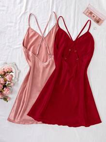 SilkySpell 双色缎面交叉带女式睡袍 - 彩色 - 查看 2