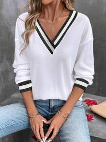 SHEIN LUNE 女士休闲简约撞色条纹插肩 T 恤 - 彩色 - 查看 4