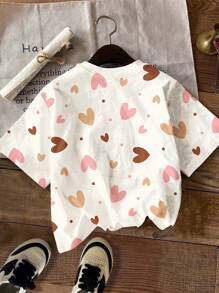 SHEIN Leap Crew Tween 女童休闲简约卡通爱心短袖圆领 T 恤，适合夏季 - 彩色 - 查看 2
