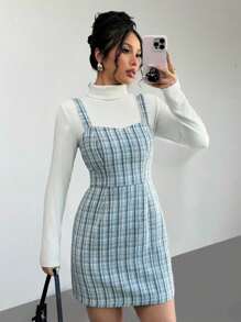 Chiquease 格子印花粗肩带保暖优雅复古无袖连衣裙迷你短款女装 - 藍色 - 查看 1