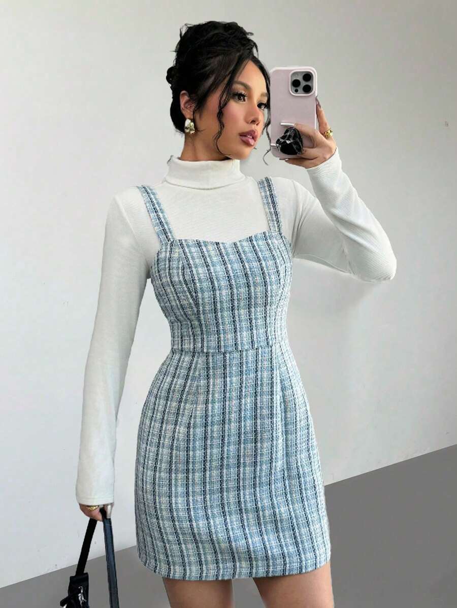 Chiquease 格子印花粗肩带保暖优雅复古无袖连衣裙迷你短款女装 - 藍色 - 查看 1