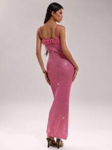 SHEIN BAE Sexy Damen Glitzer Fransen Ausschnitt-Ausschnitt lang anliegendes Bodycon Strickkleid