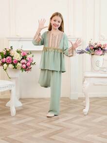 2 件套 Tween 女童薄荷绿简约优雅长袖上衣和休闲长裤套装 - 薄荷綠 - 查看 6