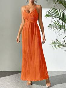 Firerie 女士抽绳褶皱露背交叉细肩带 A 字形超长连衣裙 - 亮橙色 - 查看 6