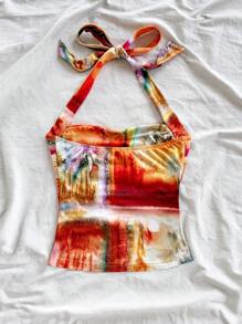 Soleia Summer For Women,Western Wear Women,Summer Tops,Crop Tops Women,Concert Women,Rave Festival,Cruise Attire Women,Birthday For Women,Going Out Tops,Vacation Woman,Tank Tops Women,Vacation Women's Colorful Tie Dye Floral Print Pleated Halter Backless Tank Top With Bowknot - Multicolor - View 2