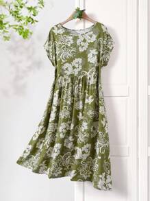 Rusticease Vestido casual midi asimétrico con bolsillo, de corte holgado y estampado vintage elegante para mujer - Verde - Ver 1