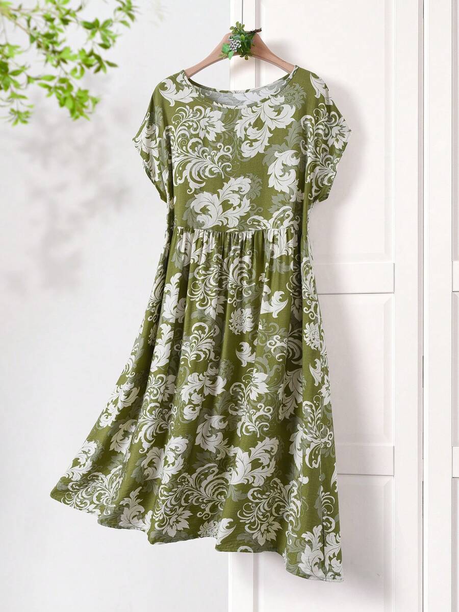 Rusticease Vestido casual midi asimétrico con bolsillo, de corte holgado y estampado vintage elegante para mujer - Verde - Ver 1
