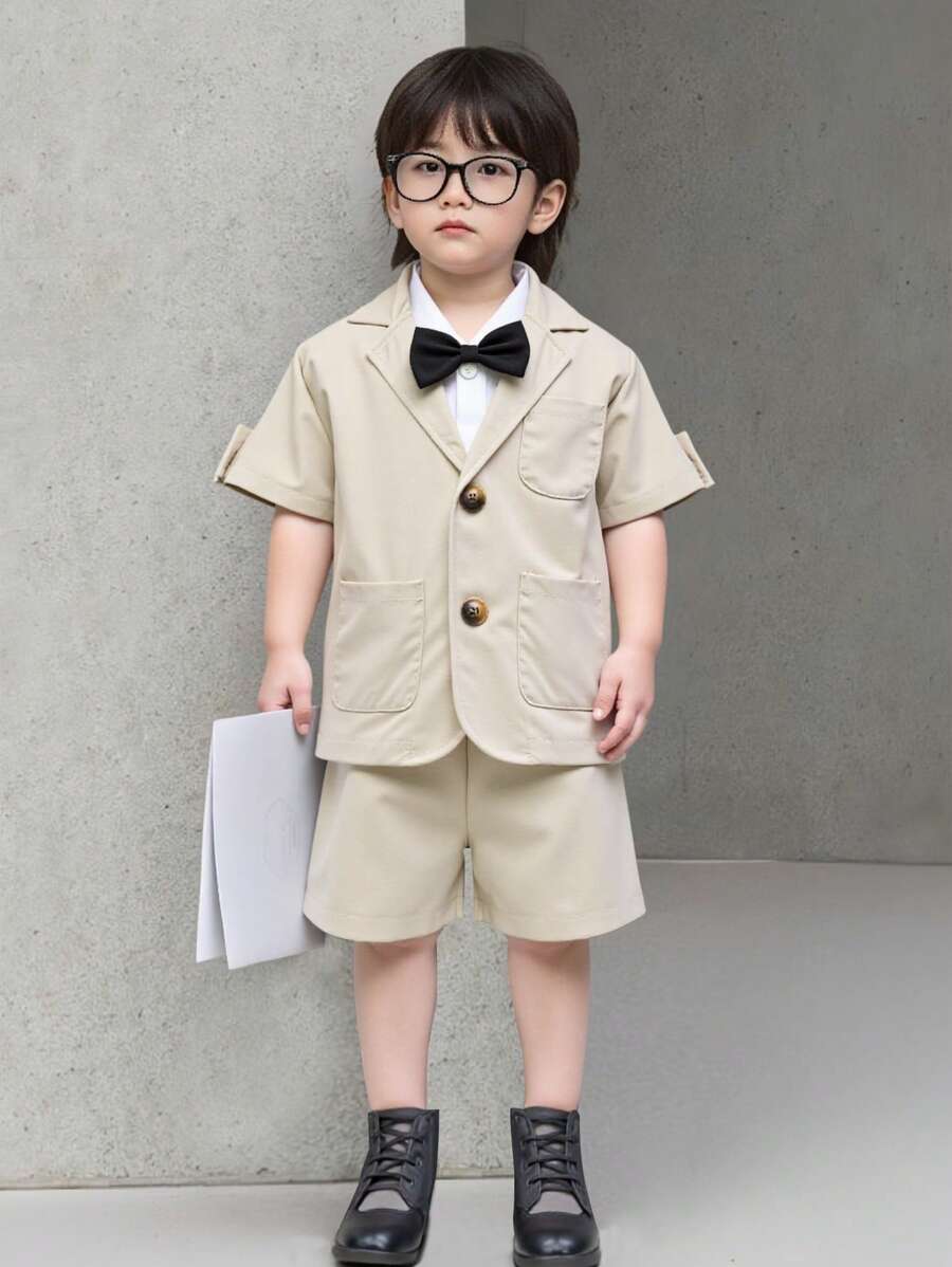 2 件装年轻男孩时尚多口袋编织西装夹克和休闲短裤套装,百搭绅士风格服装适合派对、旅行、表演、夏季 - 杏色 - 查看 1