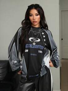 Coolane Áo thun tay dài cổ tròn in họa tiết đua xe cho nữ cỡ lớn - màu đen - Xem 5