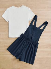 SHEIN 2pcs/Set Teen Girl Solid Ribbed T-Shirt & Overall Shorts - Navy Blue - View 2
