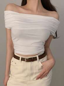 DAZY 女士露肩纯色T恤，简约时尚，适合夏季 - 白色 - 查看 4