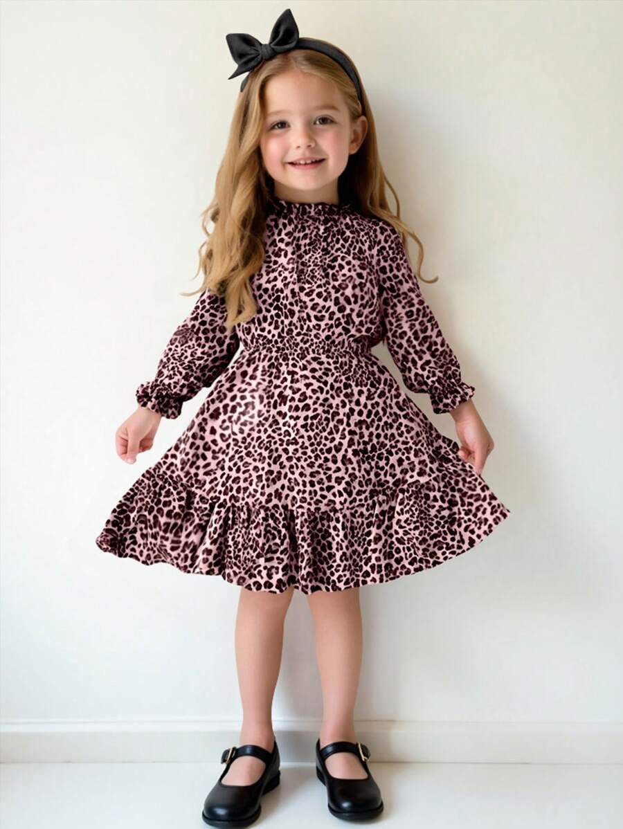 SHEIN Young Girl Casual Matching Mother-Daughter Leopard Print Ruffle Hem Cinched Waist A-Line Elegant Fashion Dress, Autumn/Winter, Autumn/Winter For Back To School Season, Suitable For School, Travel, Outing, And Home Use, For Fall/Winter,Great For Casual & Daily Wear & School Daily In Spring And Autumn,Mom And Daughter Matching,Sister And Me Matching - Pink - View 1