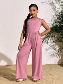 SHEIN Tween Girl Everyday Casual Solid Color Knit Crew Neck Sleeveless Jumpsuit - Pink - View 5