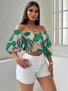 SOLERSUN Bluzka z bufiastymi rękawami i nadrukiem kwiatowym, skrócona, na noworoczne ubrania