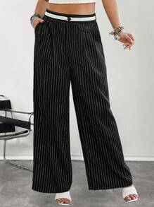 Flirla Plus Size Women Black And White Striped Casual Pants, Spring/Summer - Black - View 1