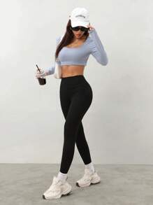 SHEIN PETITE 女士纯色弹性腰部罗纹紧身裤