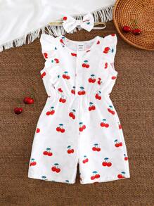 2 件装女婴休闲日常樱桃印花无袖连衣裙，配有头带，适合外出或舒适的居家穿着 - 白色 - 查看 1