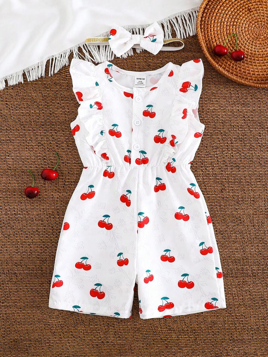 2 件装女婴休闲日常樱桃印花无袖连衣裙，配有头带，适合外出或舒适的居家穿着 - 白色 - 查看 1