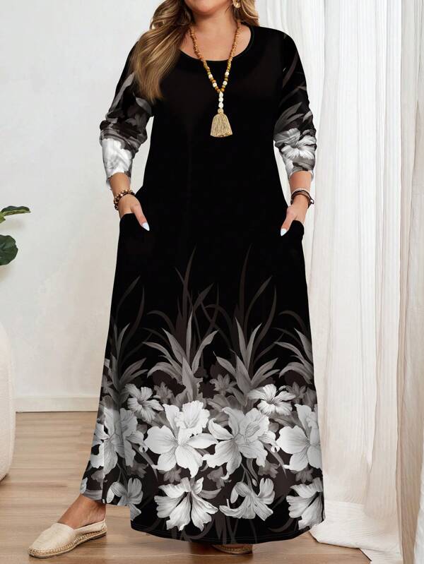EMERY ROSE Plus Size Vintage Floral Print Elegant Round Neck Long Sleeve Dress, Versatile Suitable For Spring Autumn,Beach Dress Sundress,Holiday Outfits Boho