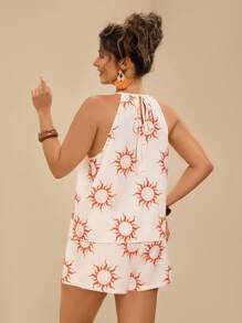 Travachic Plus Size Women 2 Pieces Set: Loose Casual Spaghetti Strap Halterneck Criss-Cross Design Printed Camisole & Beach Shorts, Summer Vacation