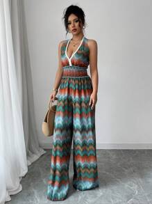 Elenzga V-Neck Halter Waist Elastic Drawstring Jumpsuit, Vacation Style