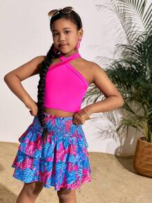 SHEIN Leap Crew Tween Girl Summer Halter Racerback Tank Top + Tiered Cake Ruffle Skirt Set, Suitable For Vacation And Beach - Hot Pink - View 3