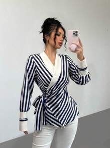 Rafferiza 女士春秋季立领系腰不对称下摆设计印花蓝白条纹优雅工作商务休闲衬衫