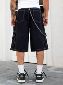 ROMWE MEN Street Life Men's Gothic Figure & Slogan Print Casual Cargo Capri Shorts, Halloween - Black - View 2