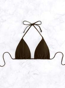 SHEIN Swim 女士夏季海滩纯色吊带前系带性感比基尼上衣 - 棕色 - 查看 4