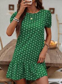SHEIN LUNE 波尔卡圆点印花泡泡袖连衣裙，荷叶边下摆，适合新年衣服 - 綠色 - 查看 6