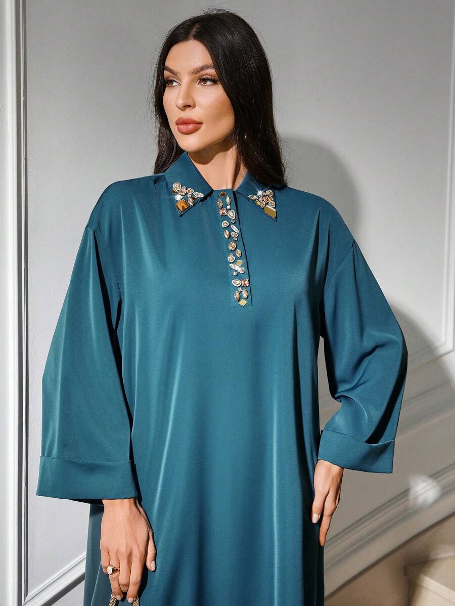Al Najma Váy Maxi đính kim cương Thổ Nhĩ Kỳ dành cho nữ & Váy dài truyền thống Ả Rập - Màu xanh ngọc - Xem 1