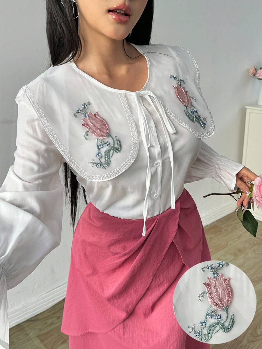 Modelyn 女士时尚花卉荷叶边领衬衫 - 白色 - 查看 1