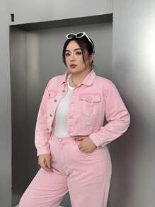 Breezaya Plus Size Casual Distressed Denim Short Jacket - Pink - View 3
