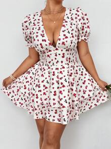 Flirla Vestido corto de doble capa con mangas abullonadas y estampado floral diminuto para mujer talla grande, sexy y adecuado para vacaciones/fiestas - Beis - Ver 3